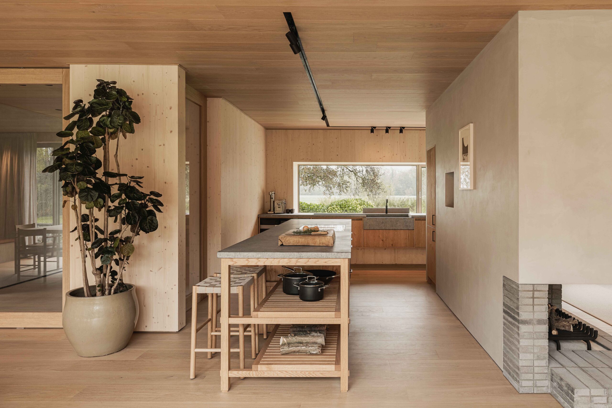 Binnenkant woning, houtkleurig plafond en vloer, rechts een open haard, links een grote plant en in het midden een tafel met bankje.